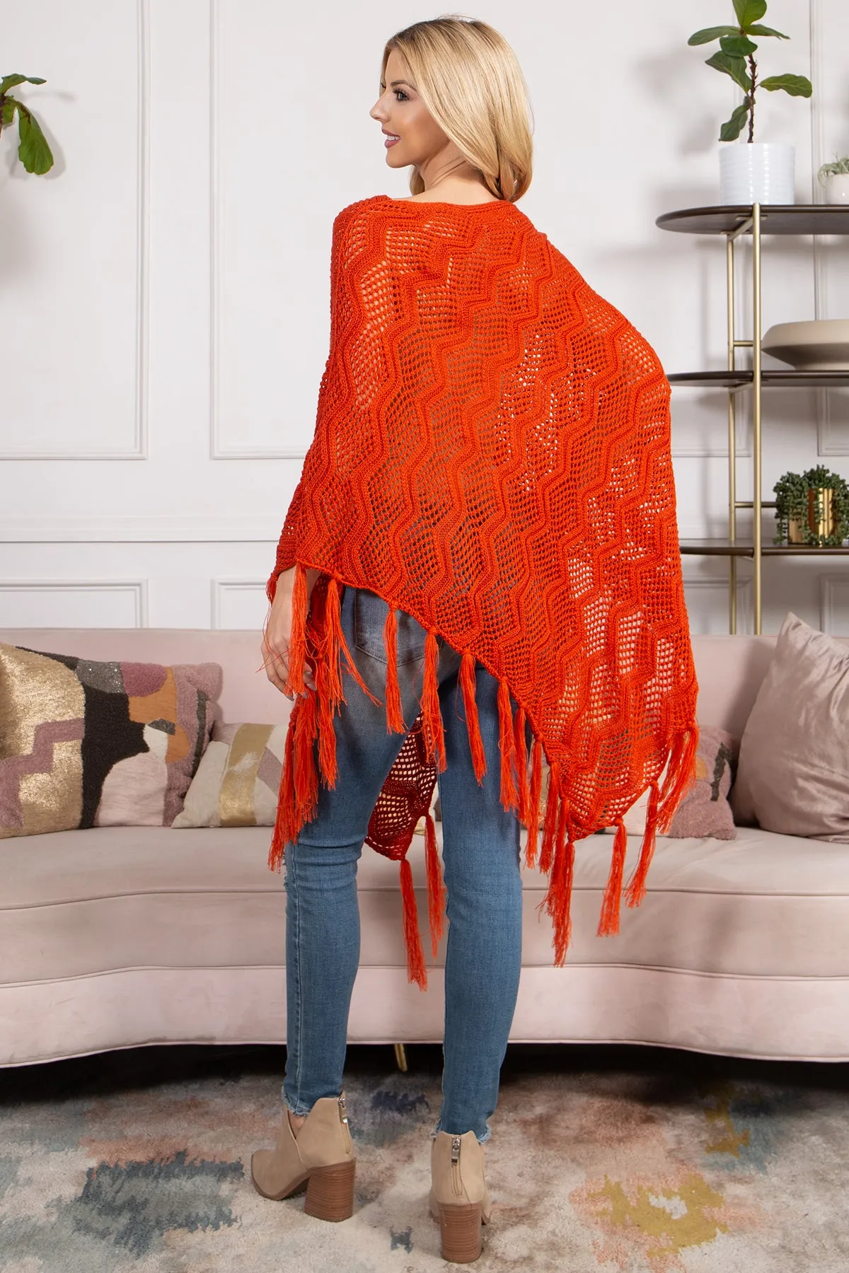 KNITTED NET WAVE PATTERN FRINGE TASSEL POCHO