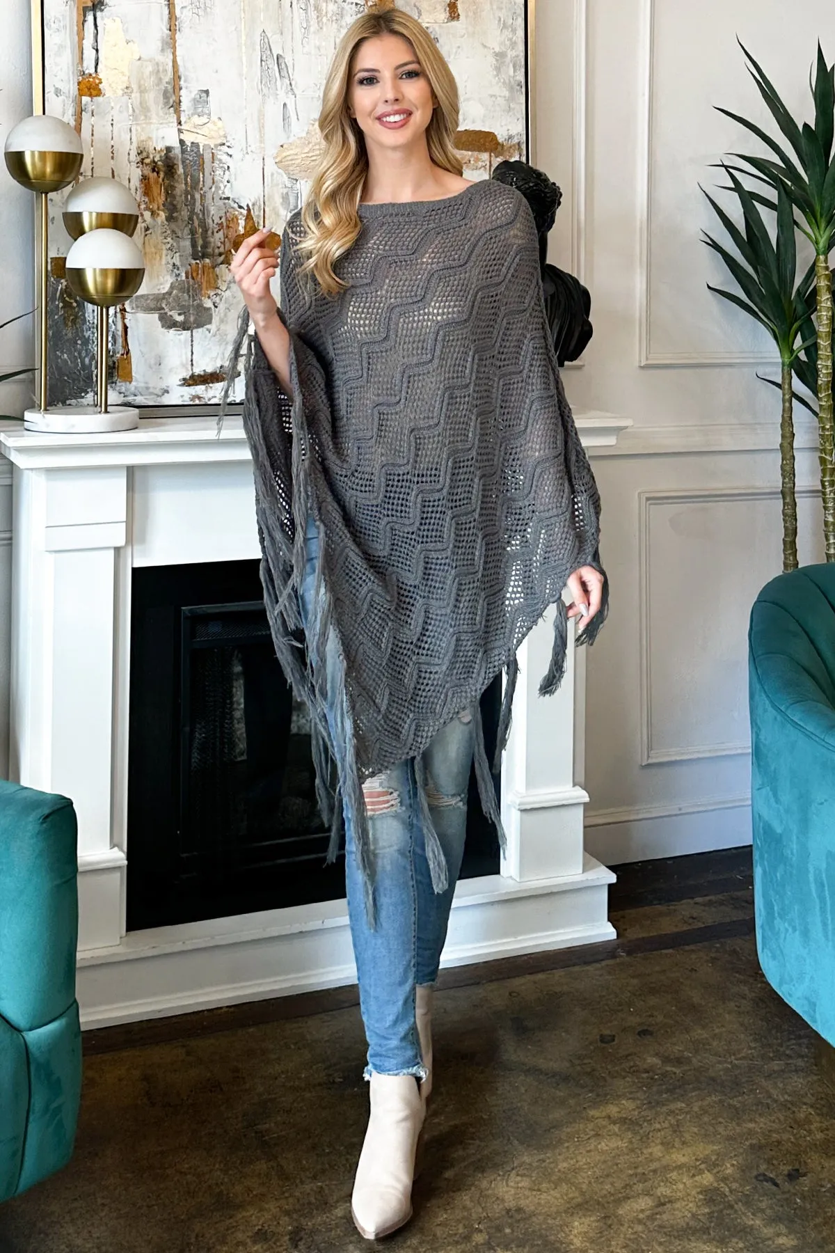 KNITTED NET WAVE PATTERN FRINGE TASSEL POCHO