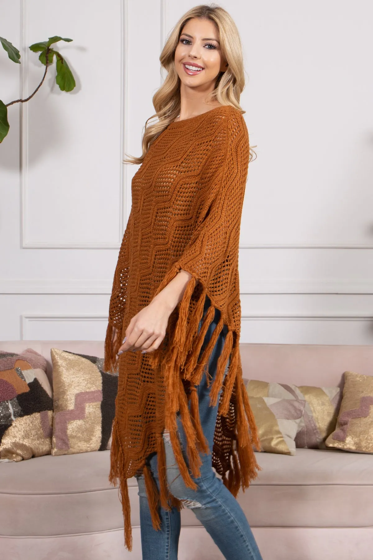 KNITTED NET WAVE PATTERN FRINGE TASSEL POCHO