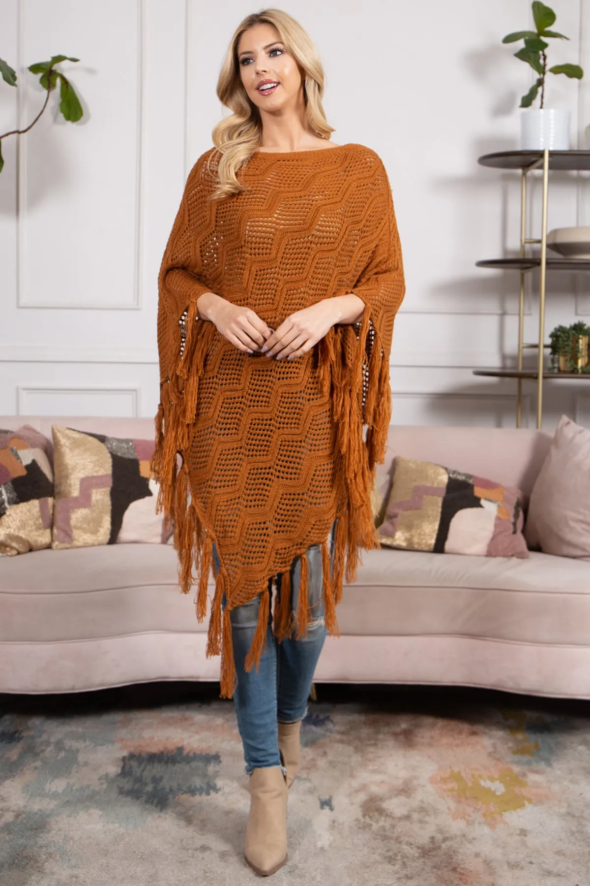 KNITTED NET WAVE PATTERN FRINGE TASSEL POCHO