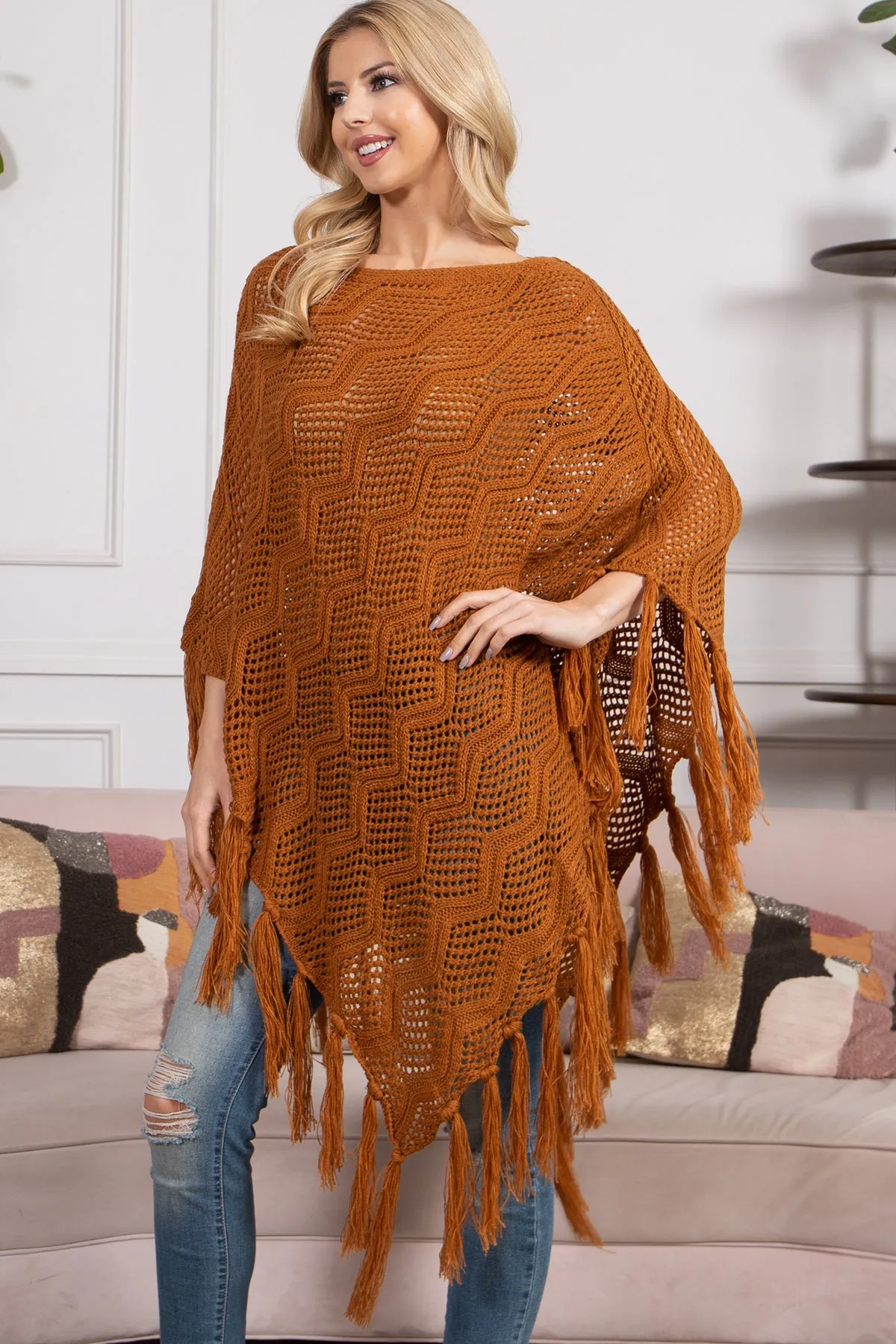 KNITTED NET WAVE PATTERN FRINGE TASSEL POCHO