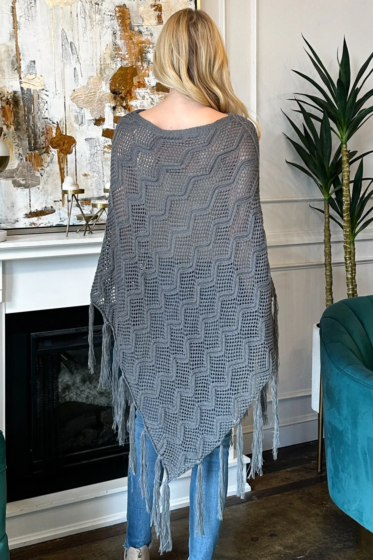 KNITTED NET WAVE PATTERN FRINGE TASSEL POCHO