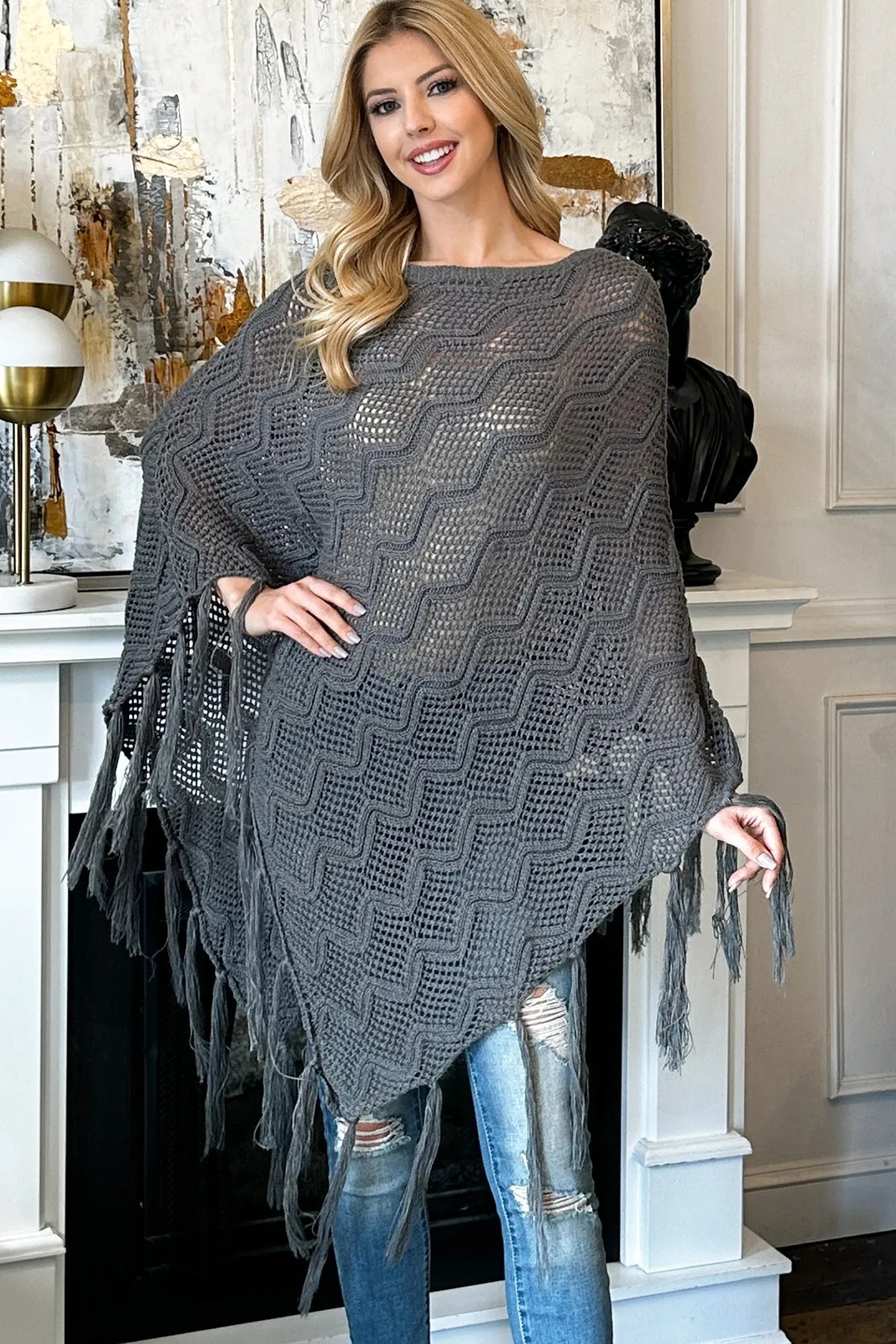 KNITTED NET WAVE PATTERN FRINGE TASSEL POCHO