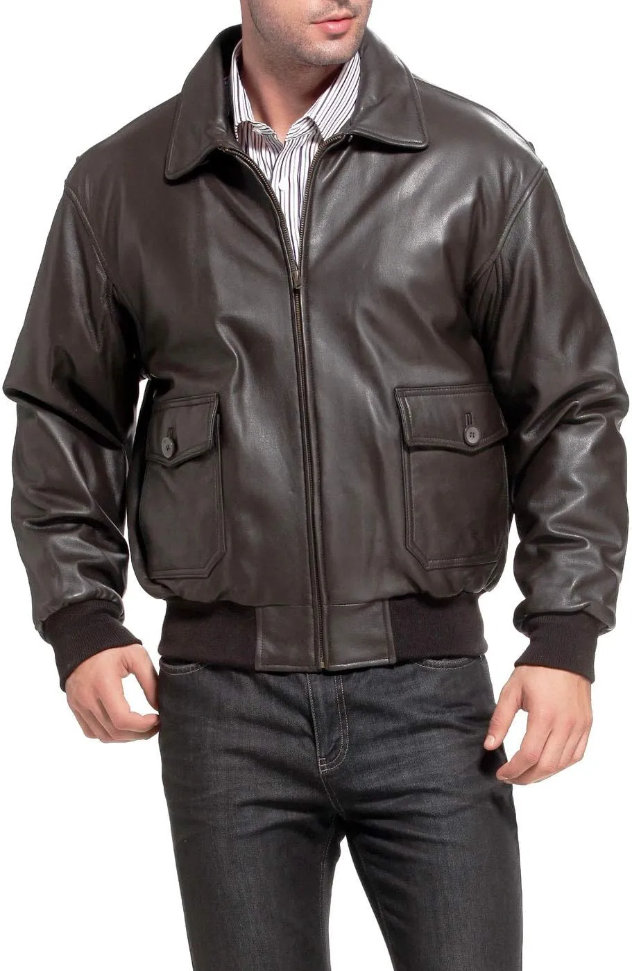 Landing Leathers Men Navy G-1 Goatskin Leather Flight Bomber Jacket (Also available in Big & Tall)