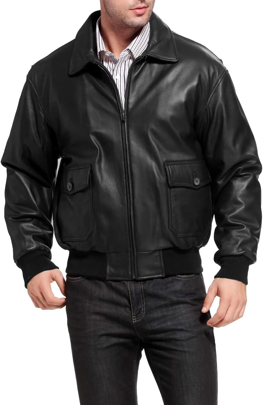 Landing Leathers Men Navy G-1 Goatskin Leather Flight Bomber Jacket (Also available in Big & Tall)