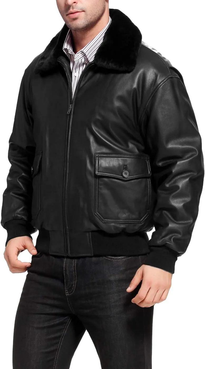 Landing Leathers Men Navy G-1 Goatskin Leather Flight Bomber Jacket (Also available in Big & Tall)