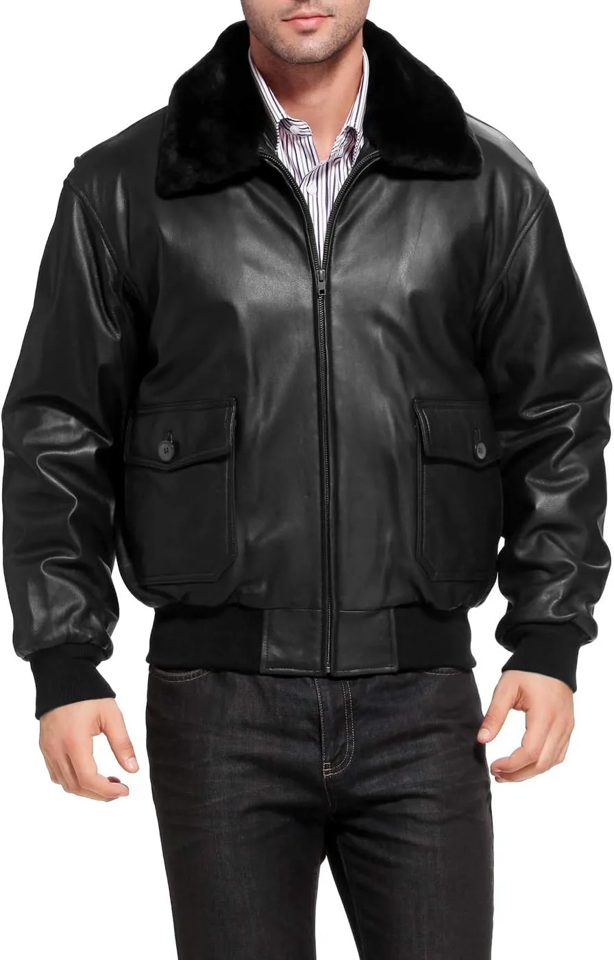 Landing Leathers Men Navy G-1 Goatskin Leather Flight Bomber Jacket (Also available in Big & Tall)