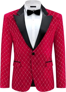 Lars Amadeus Velvet Blazers for Men's Velour Tuxedo Peak Lapel Argyle Plaid Sparkly Shiny Suit Jacket