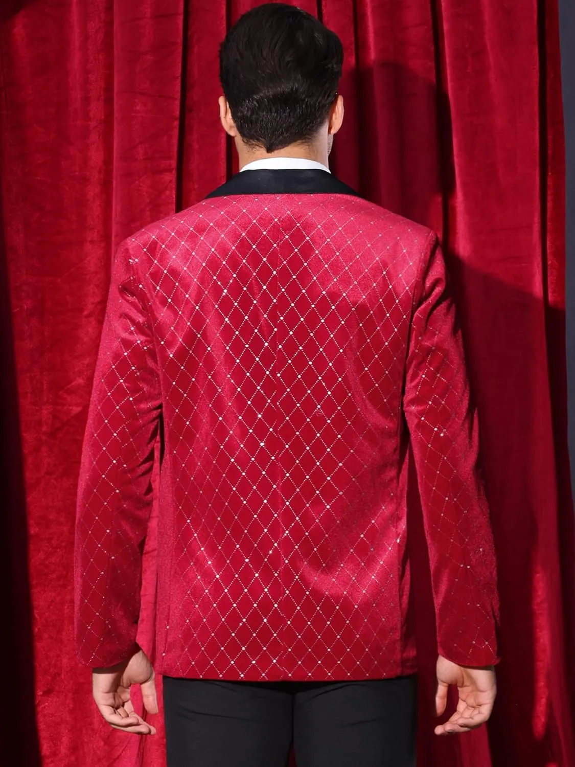 Lars Amadeus Velvet Blazers for Men's Velour Tuxedo Peak Lapel Argyle Plaid Sparkly Shiny Suit Jacket