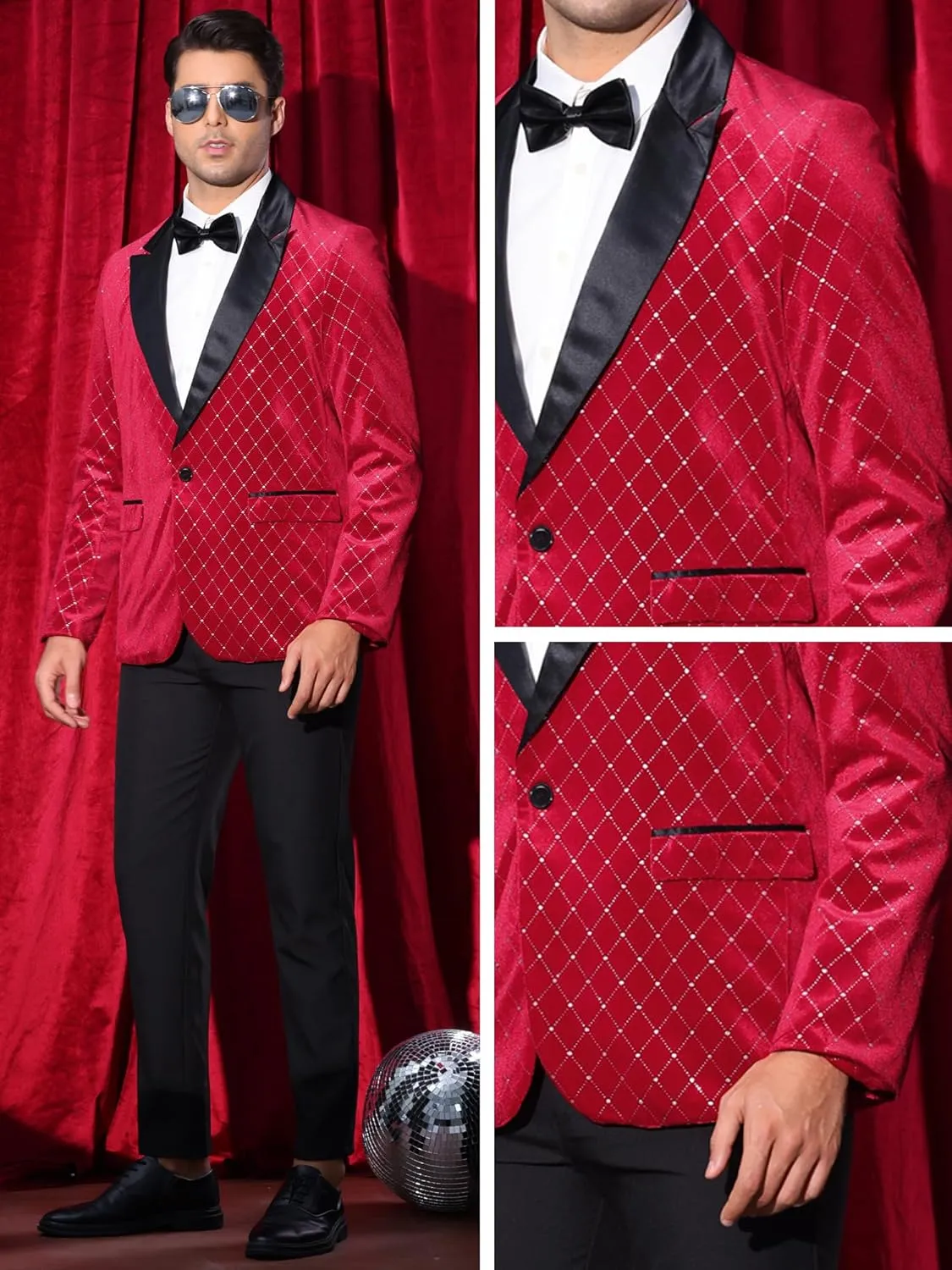 Lars Amadeus Velvet Blazers for Men's Velour Tuxedo Peak Lapel Argyle Plaid Sparkly Shiny Suit Jacket