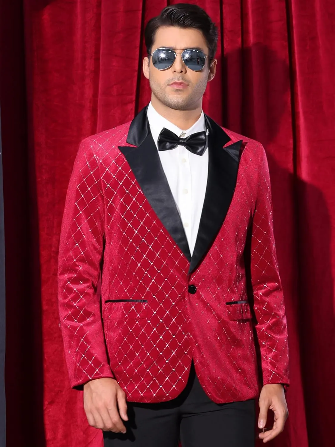 Lars Amadeus Velvet Blazers for Men's Velour Tuxedo Peak Lapel Argyle Plaid Sparkly Shiny Suit Jacket