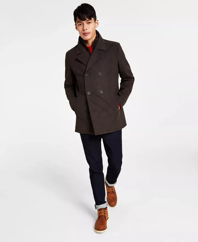 Men'S Double Breasted Wool Blend Peacoat with Bib