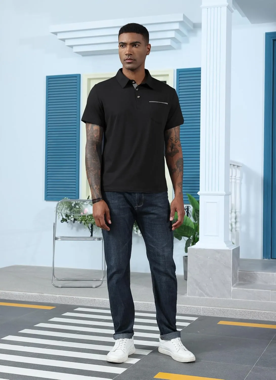 Mens Fashion Polo Shirts Cotton Classic Long Sleeve Thermal Button Shirt with Pocket