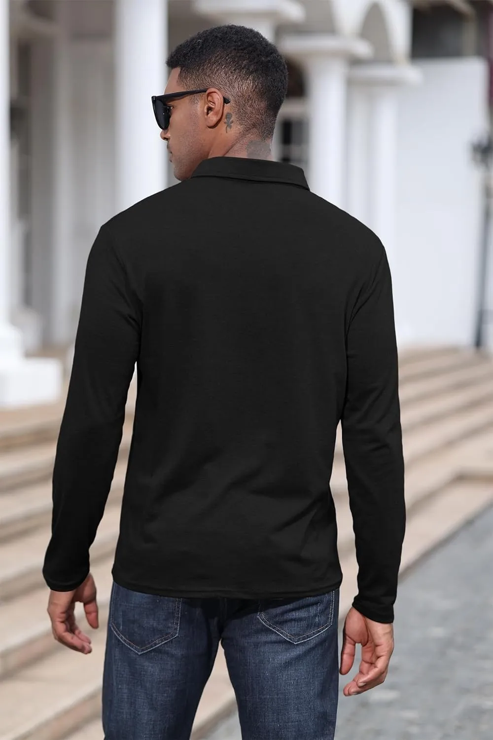 Mens Fashion Polo Shirts Cotton Classic Long Sleeve Thermal Button Shirt with Pocket