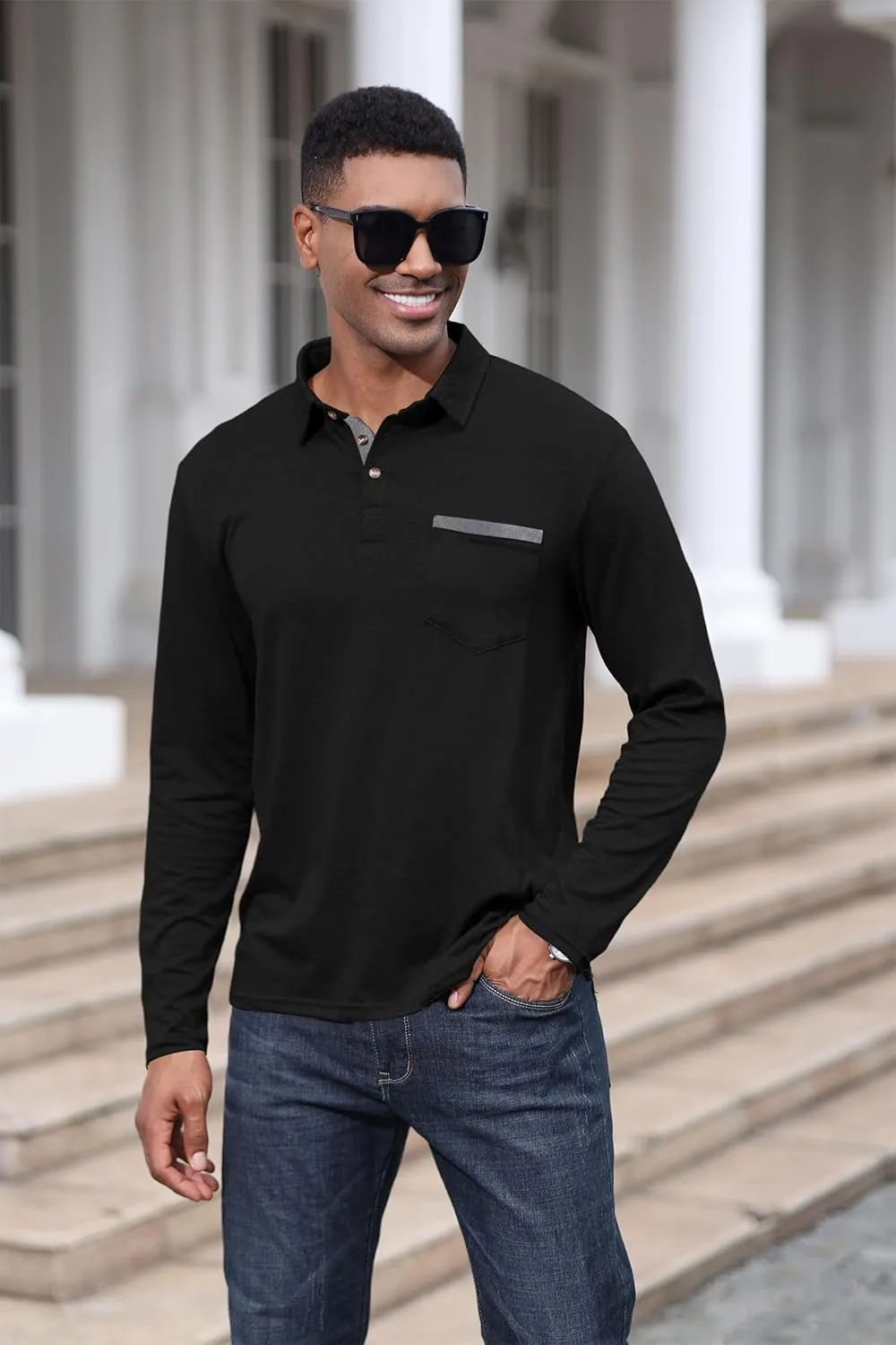 Mens Fashion Polo Shirts Cotton Classic Long Sleeve Thermal Button Shirt with Pocket