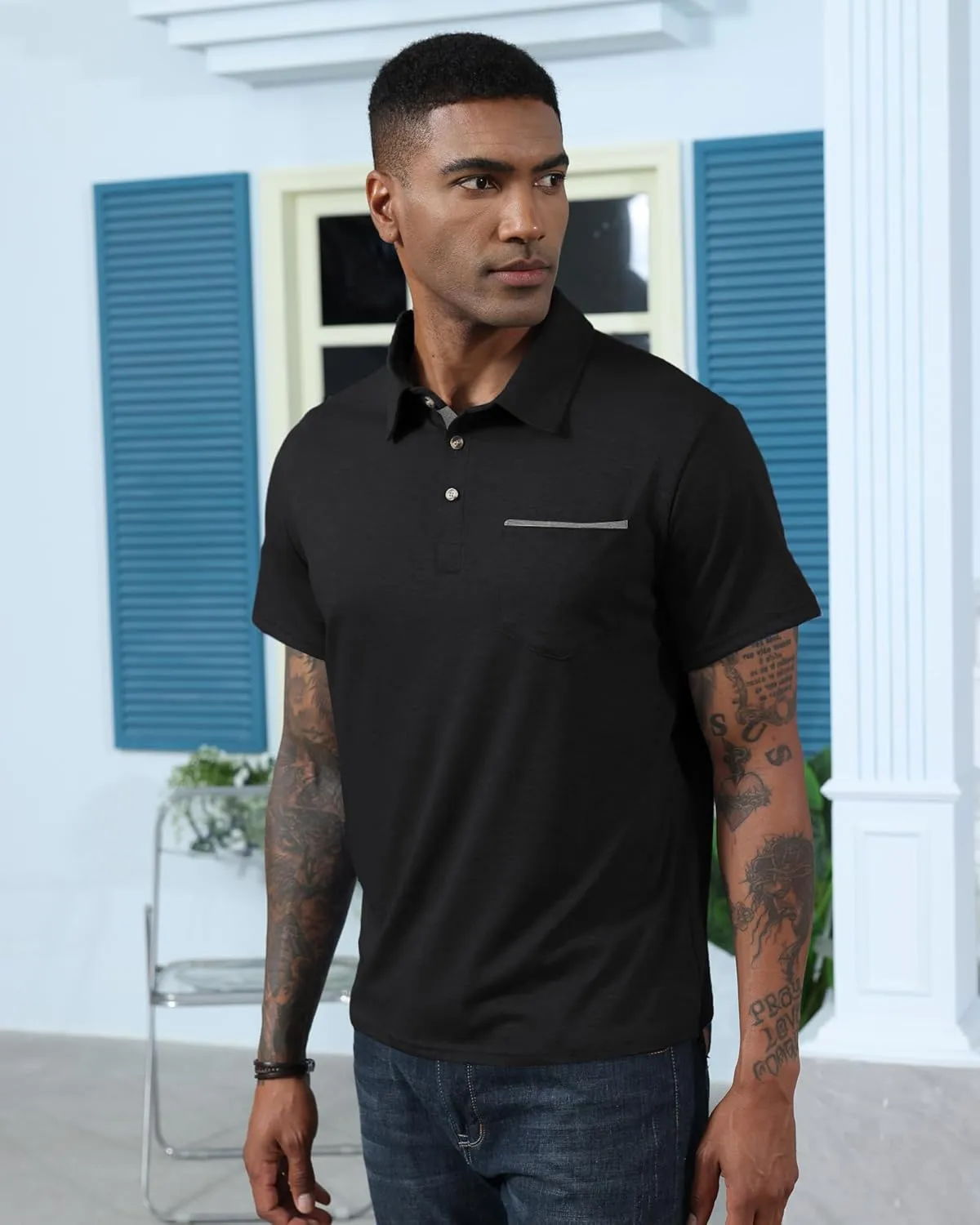Mens Fashion Polo Shirts Cotton Classic Long Sleeve Thermal Button Shirt with Pocket