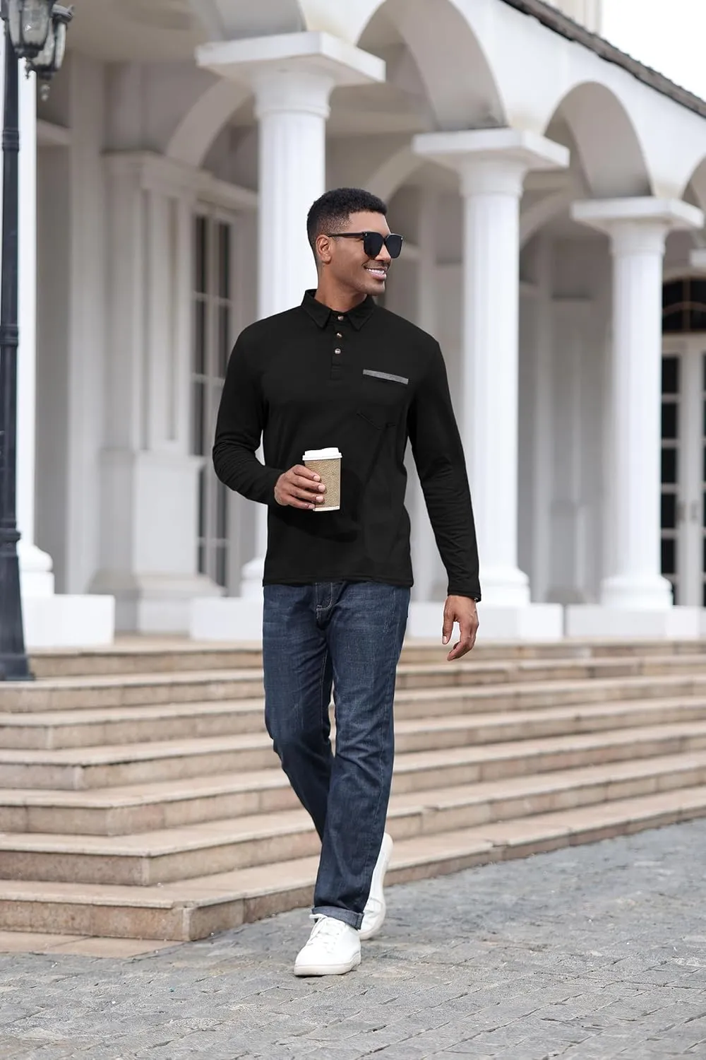 Mens Fashion Polo Shirts Cotton Classic Long Sleeve Thermal Button Shirt with Pocket
