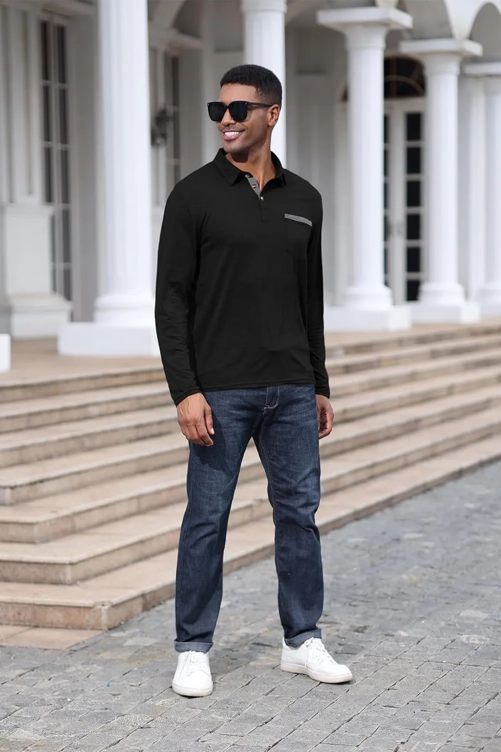 Mens Fashion Polo Shirts Cotton Classic Long Sleeve Thermal Button Shirt with Pocket