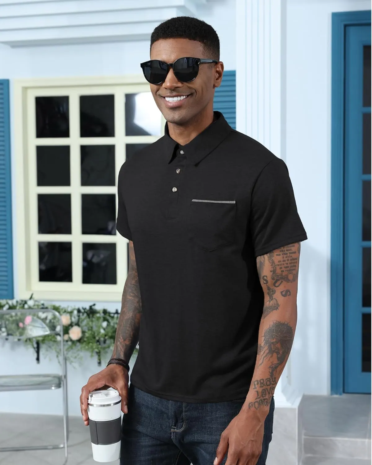 Mens Fashion Polo Shirts Cotton Classic Long Sleeve Thermal Button Shirt with Pocket