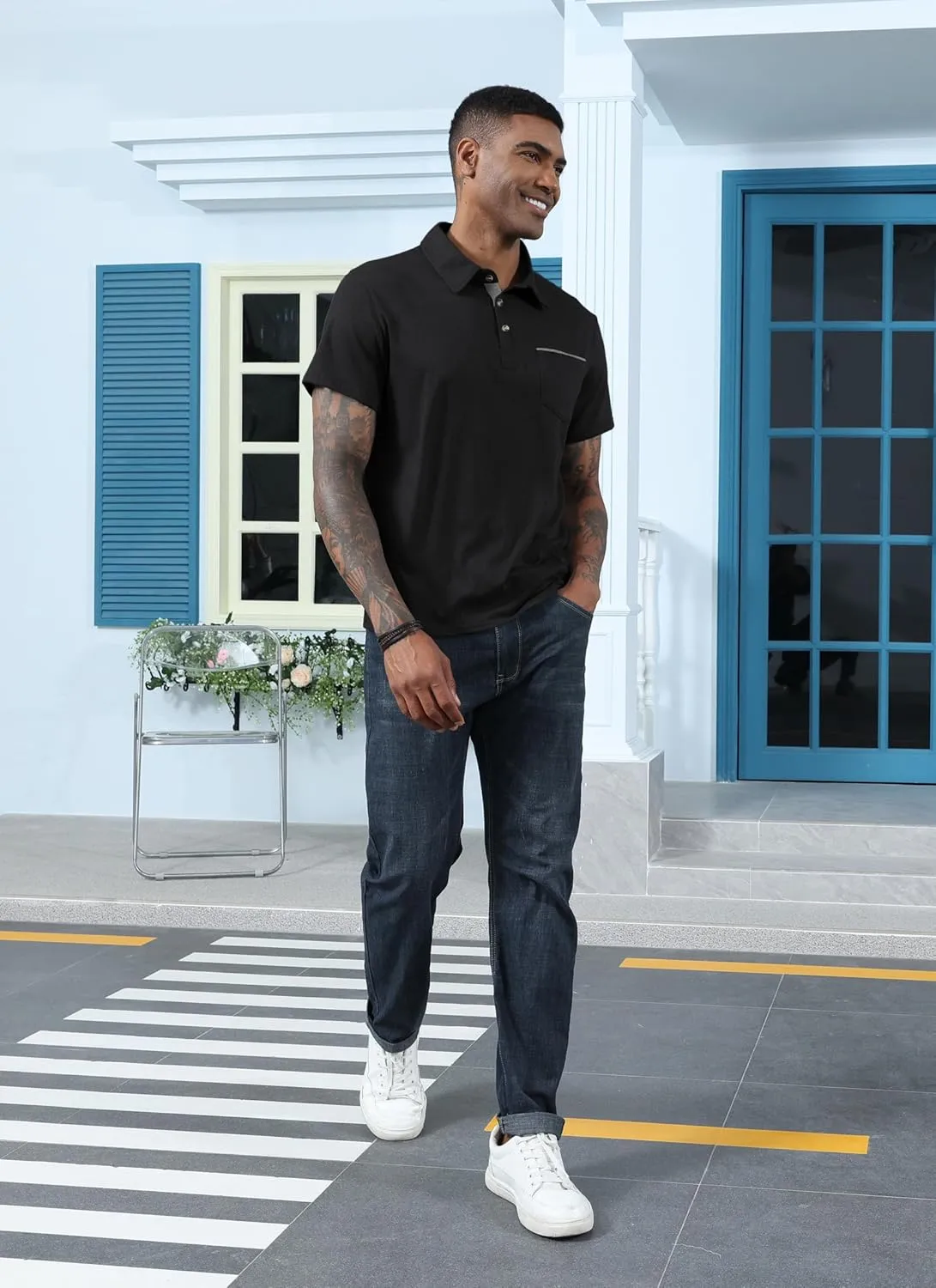Mens Fashion Polo Shirts Cotton Classic Long Sleeve Thermal Button Shirt with Pocket