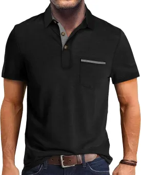 Mens Fashion Polo Shirts Cotton Classic Long Sleeve Thermal Button Shirt with Pocket