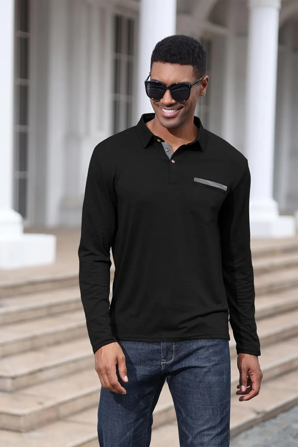 Mens Fashion Polo Shirts Cotton Classic Long Sleeve Thermal Button Shirt with Pocket