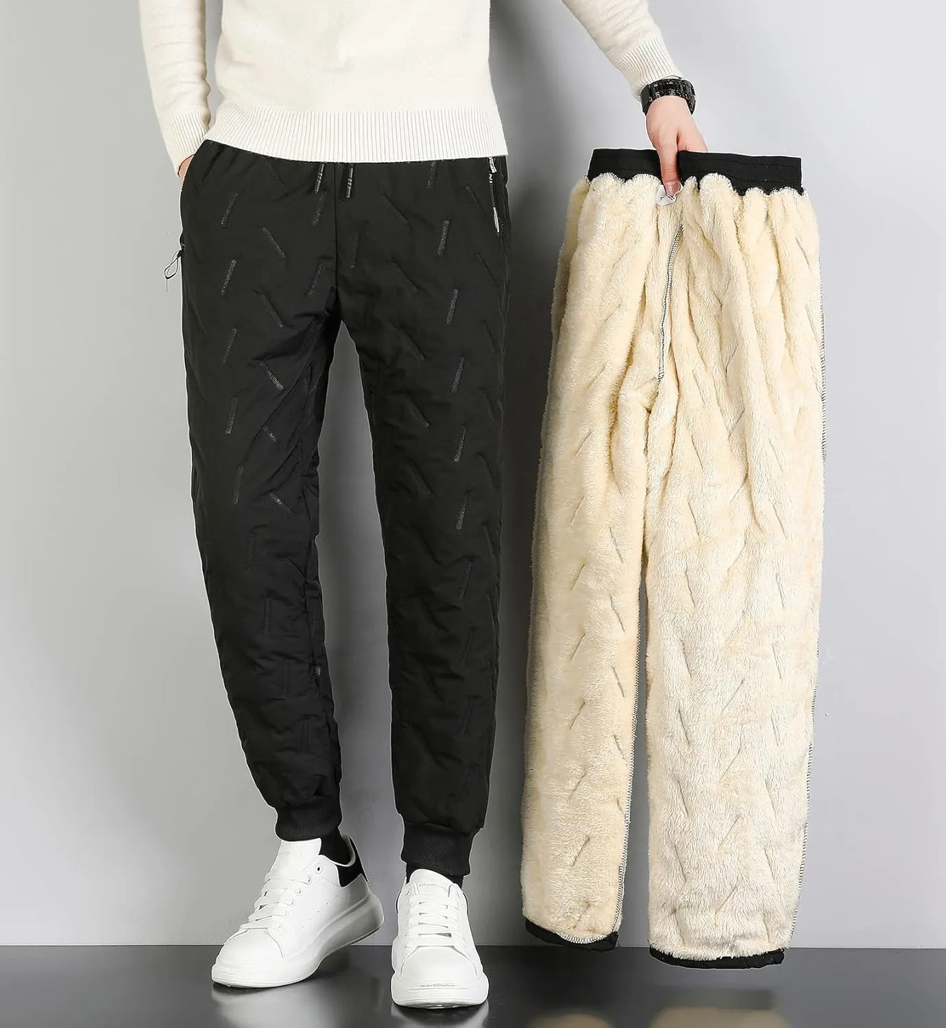 Mens Winter Warm Sweatpants Fleece Sherpa Lined Track Pants Active Thermal Joggers with Zipper Pockets