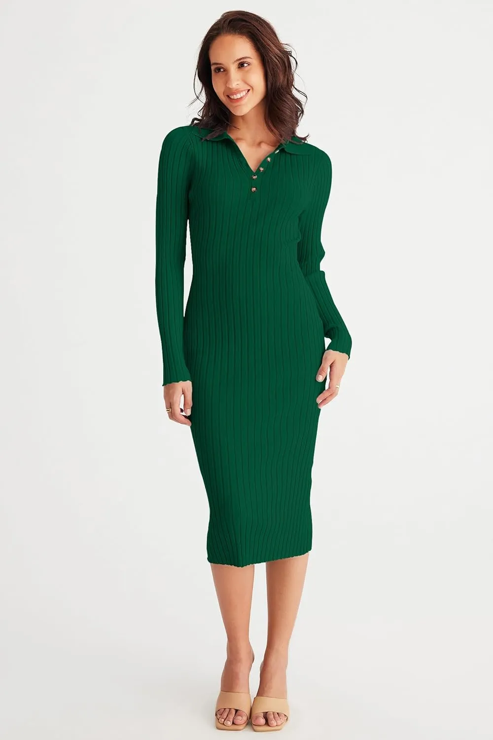 MEROKEETY Womens 2024 V Neck Ribbed Sweater Dress Long Sleeve Bodycon Knit Midi Dresses