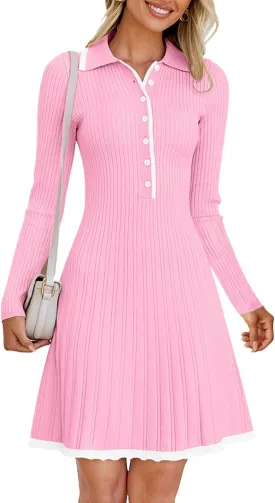 MEROKEETY Women's Long Sleeve V Neck Sweater Dress 2025 Spring Button Knit Pleated Mini Work Dresses