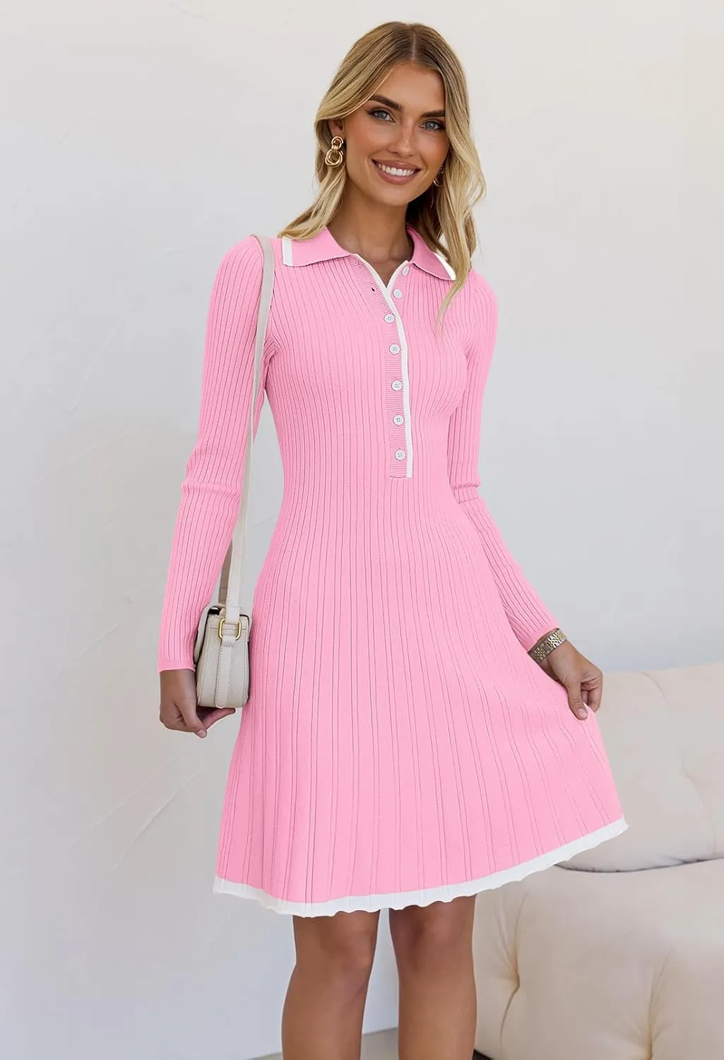 MEROKEETY Women's Long Sleeve V Neck Sweater Dress 2025 Spring Button Knit Pleated Mini Work Dresses