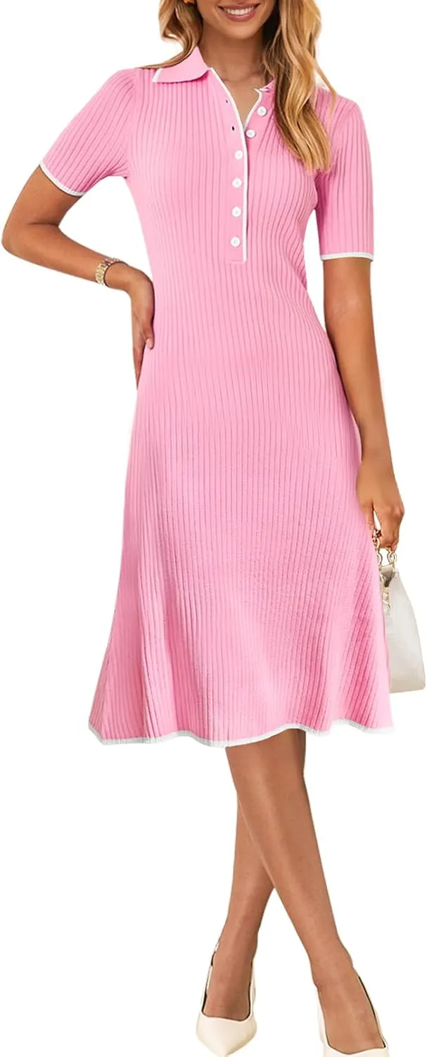 MEROKEETY Women's V Neck Ribbed Knit Midi Dress Short Sleeve Button Elegant Bodycon Sweater Dresses