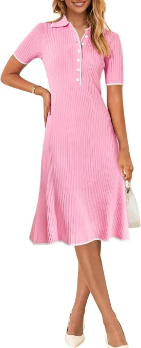 MEROKEETY Women's V Neck Ribbed Knit Midi Dress Short Sleeve Button Elegant Bodycon Sweater Dresses