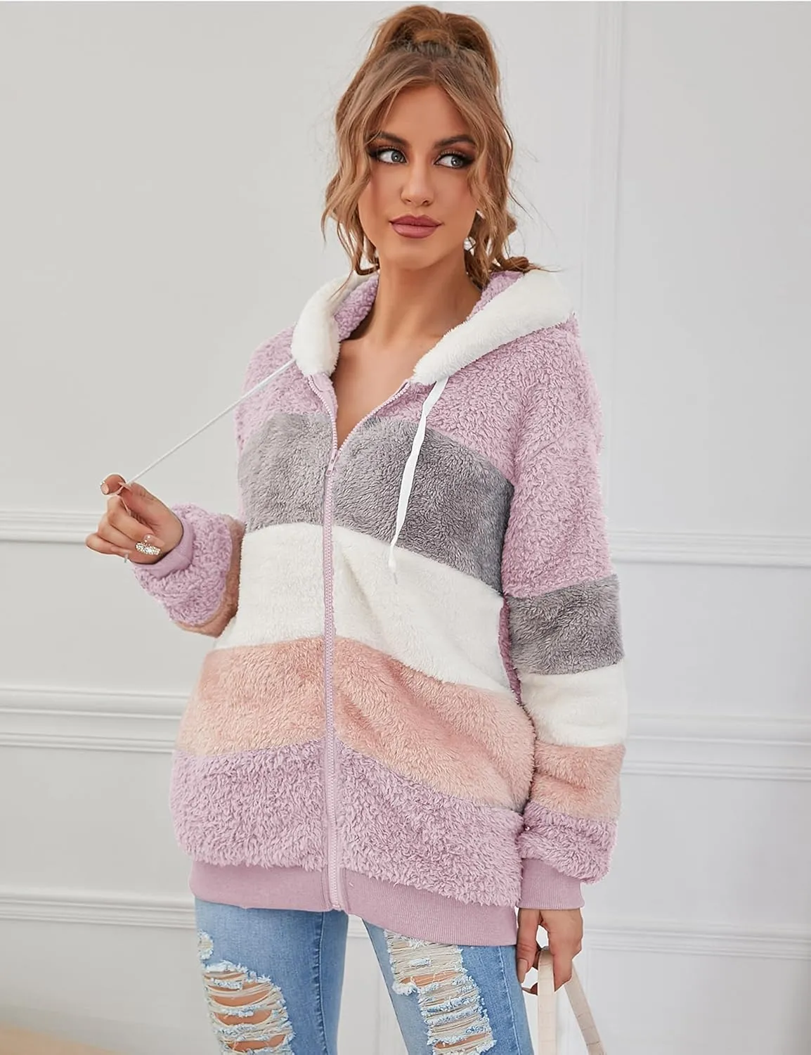 Micoson Women Fashion Color Block Faux Shearling Coat Warm Hooded Zip Up Fuzzy Winter Jacket with Pockets
