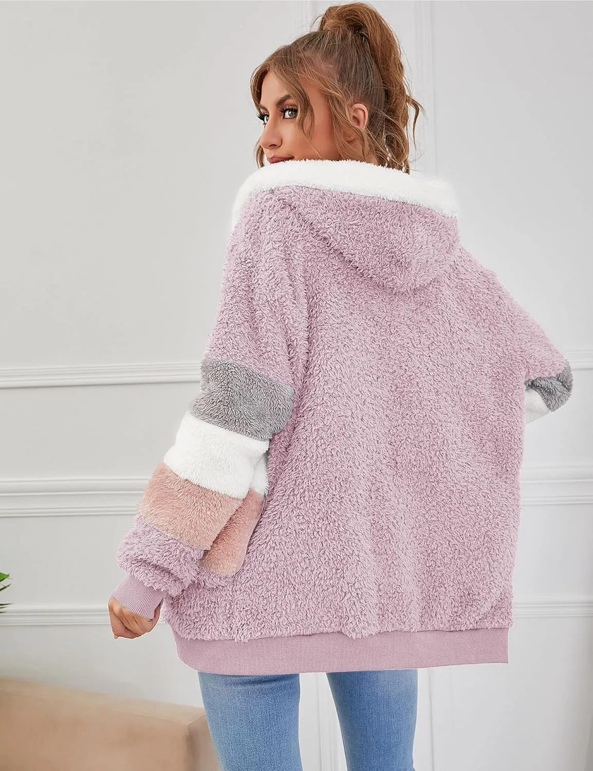 Micoson Women Fashion Color Block Faux Shearling Coat Warm Hooded Zip Up Fuzzy Winter Jacket with Pockets