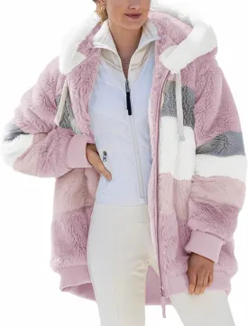 Micoson Women Fashion Color Block Faux Shearling Coat Warm Hooded Zip Up Fuzzy Winter Jacket with Pockets
