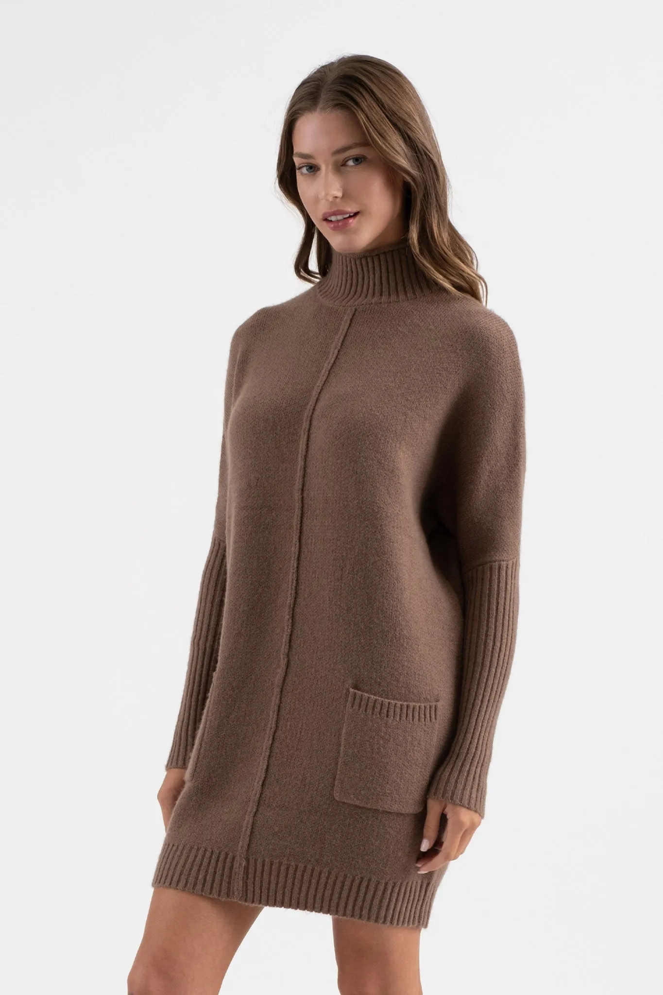 MOCK NECK FRONT SEAM KNIT SWEATER DRESS