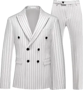 MOGU Mens Double Breasted Pinstripe Suit - 2 Piece Slim Fit Vintage Tuxedo for Groomsmen, Wedding, Prom