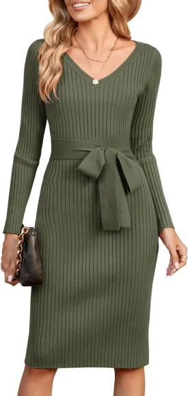 Newshows Womens 2024 Fall Sweater Dress Long Sleeve V Neck Business Casual Outfits Winter Fashion A-Line Belted Dresses