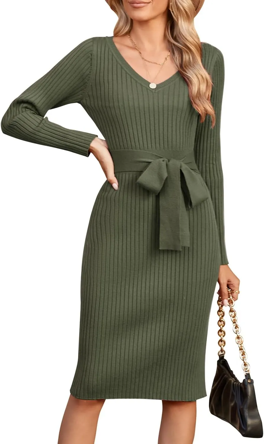 Newshows Womens 2024 Fall Sweater Dress Long Sleeve V Neck Business Casual Outfits Winter Fashion A-Line Belted Dresses