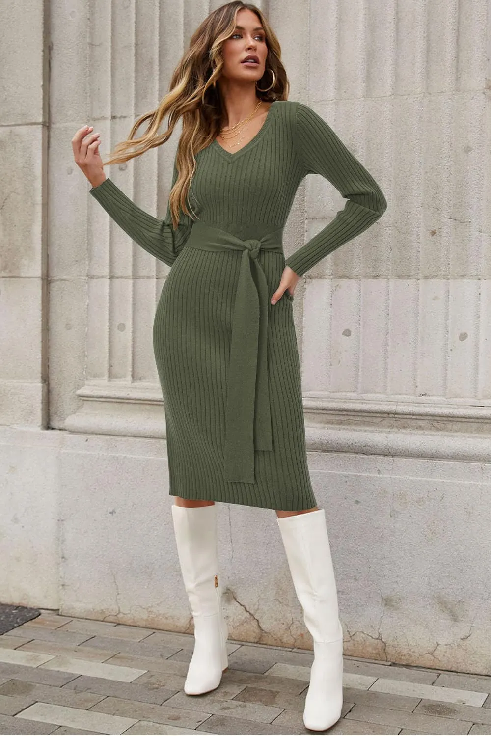 Newshows Womens 2024 Fall Sweater Dress Long Sleeve V Neck Business Casual Outfits Winter Fashion A-Line Belted Dresses