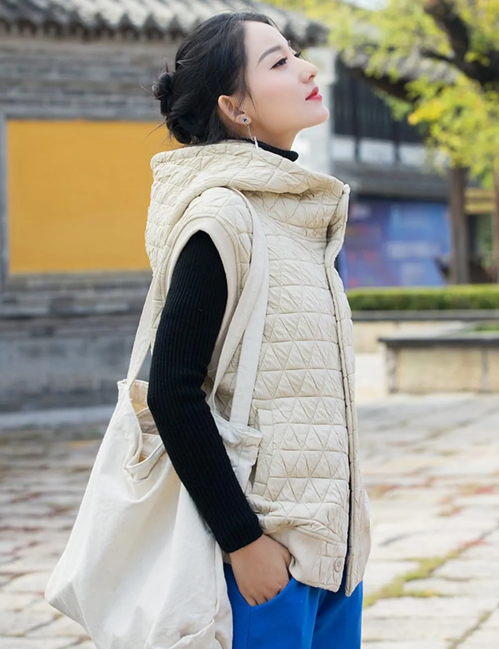 NFYM Women Quilted Hoodie Vest Soft Lightweight Button Up Padded Gilet Winter Outwear
