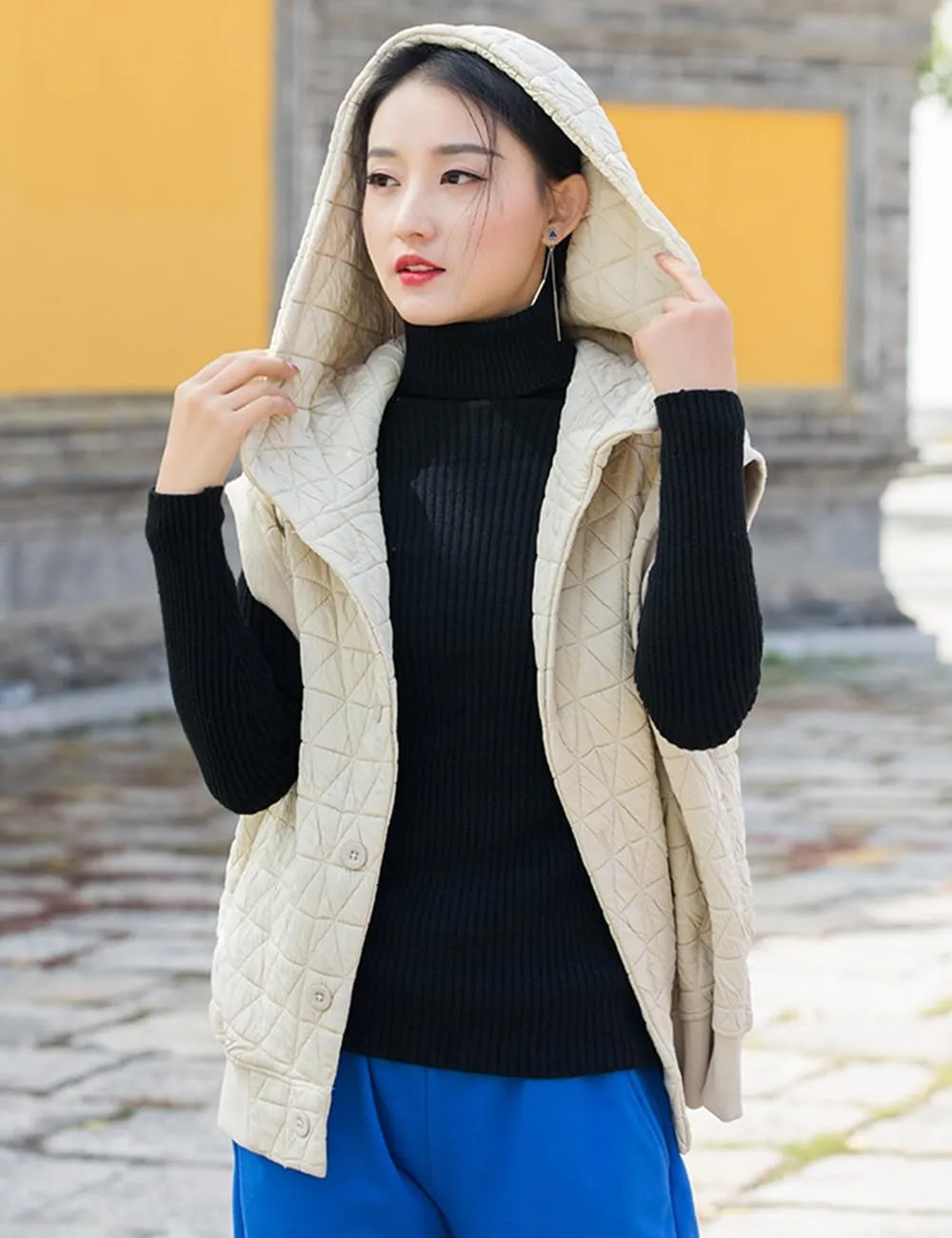 NFYM Women Quilted Hoodie Vest Soft Lightweight Button Up Padded Gilet Winter Outwear