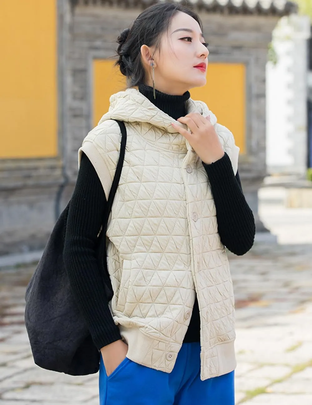 NFYM Women Quilted Hoodie Vest Soft Lightweight Button Up Padded Gilet Winter Outwear