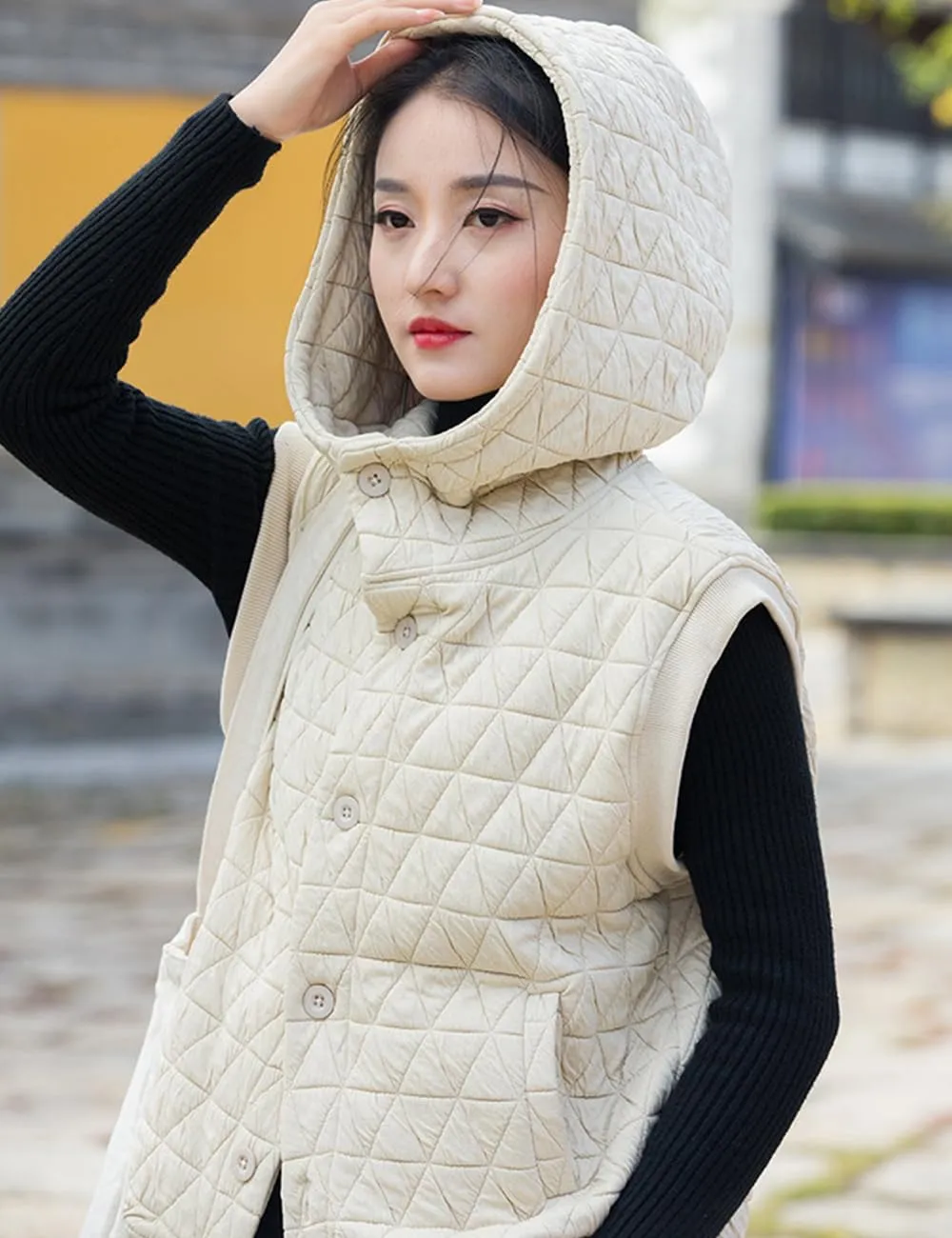 NFYM Women Quilted Hoodie Vest Soft Lightweight Button Up Padded Gilet Winter Outwear
