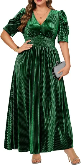 Pinup Fashion Velvet Wedding Guest Dress - Fall Formal Holiday V Neck Empire Waist Long Dresses