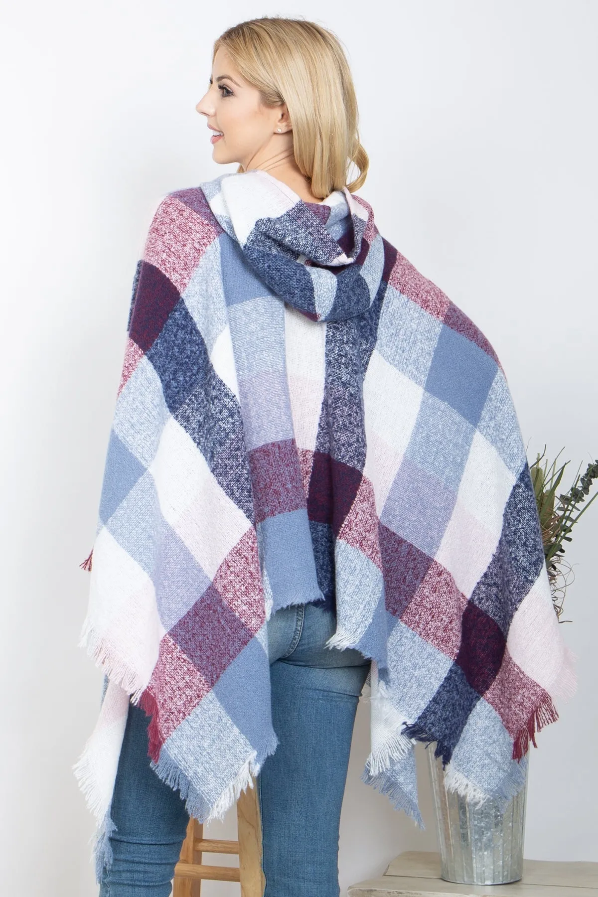 PLAID MULTICOLOR WARMER KNITTED HOODED PONCHO