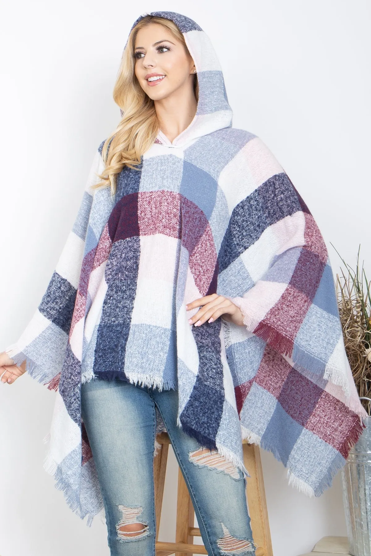 PLAID MULTICOLOR WARMER KNITTED HOODED PONCHO