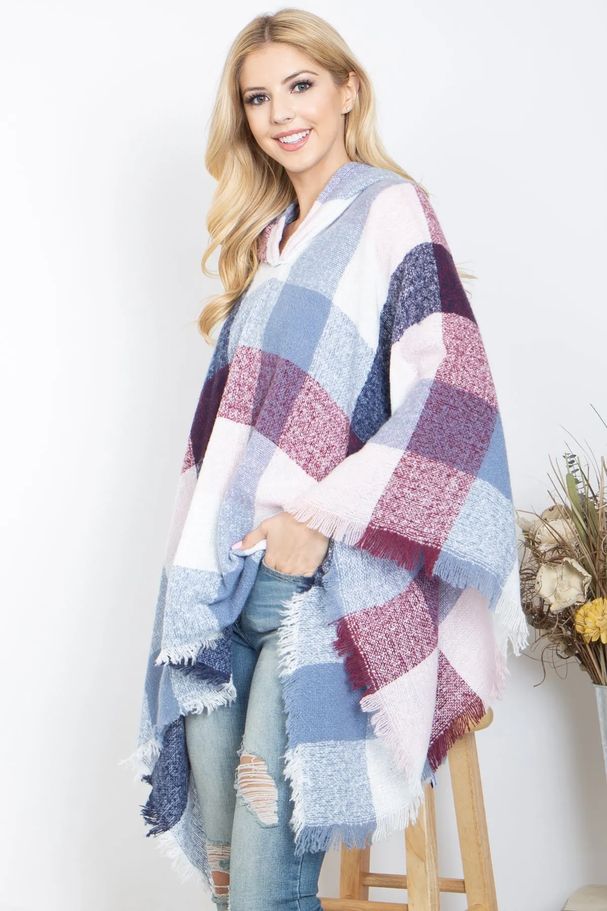 PLAID MULTICOLOR WARMER KNITTED HOODED PONCHO