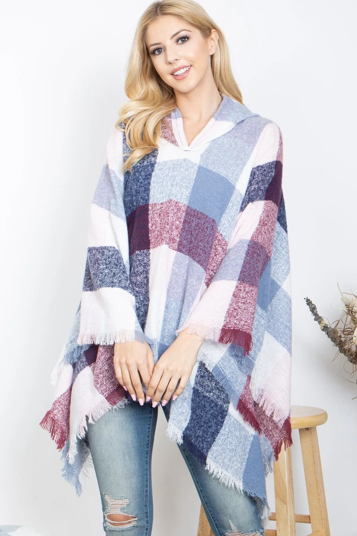 PLAID MULTICOLOR WARMER KNITTED HOODED PONCHO