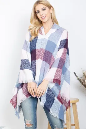 PLAID MULTICOLOR WARMER KNITTED HOODED PONCHO